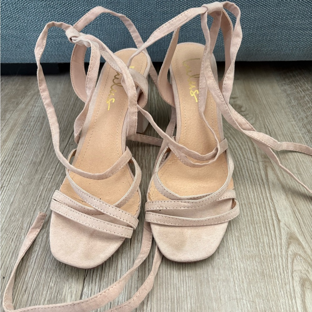 Lulu's Blush Lace-Up Block Heel Sandals